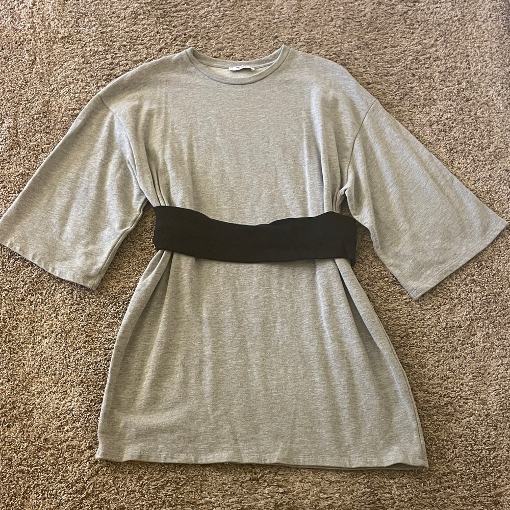 Gray Tunic Dress with Attached Black Belt